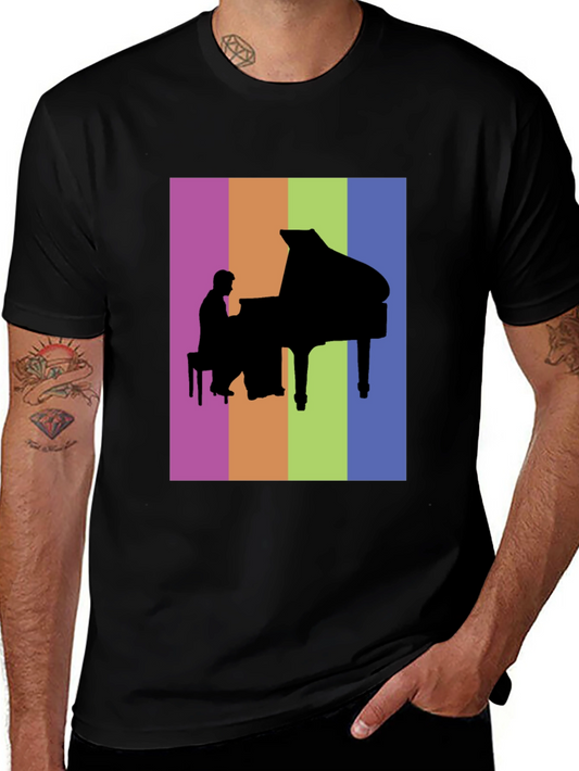 Piano Player Silhouette Graphic Tee - Colorful Music Lover Shirt