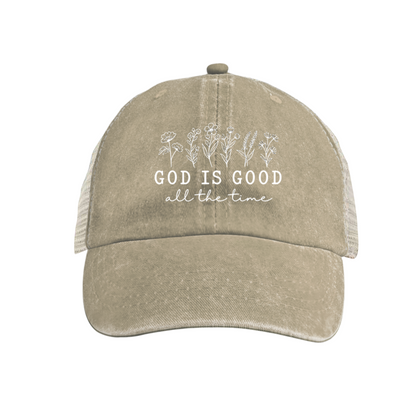 God Is Good All The Time Wildflower Maroon Washed Trucker Hat Faith Daily Mesh Cap