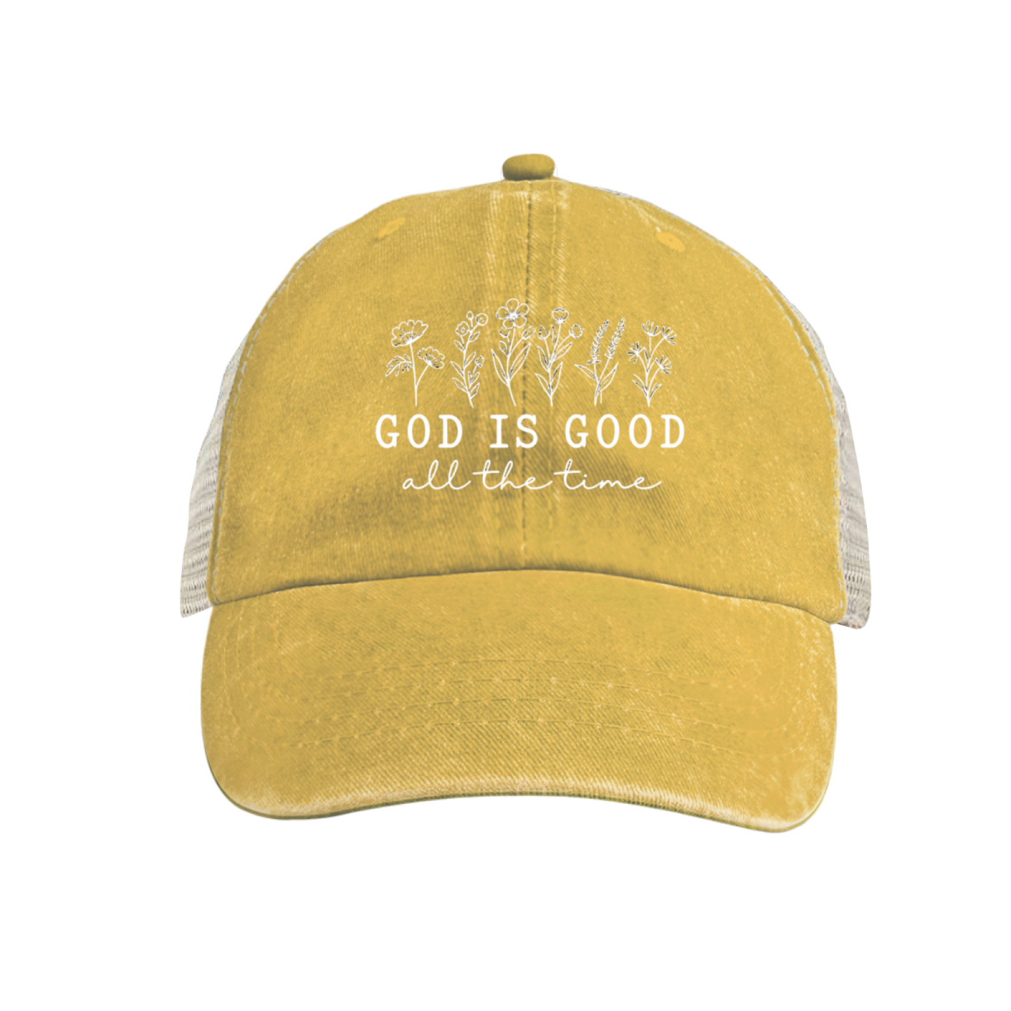 God Is Good All The Time Wildflower Maroon Washed Trucker Hat Faith Daily Mesh Cap