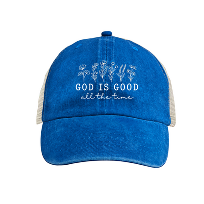 God Is Good All The Time Wildflower Maroon Washed Trucker Hat Faith Daily Mesh Cap