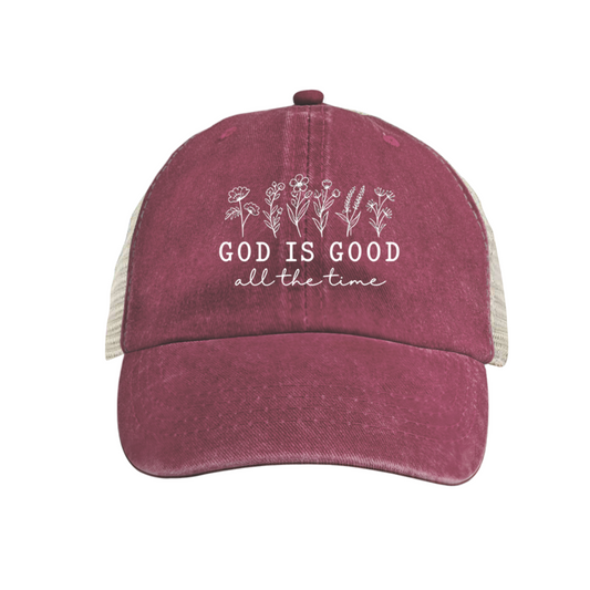 God Is Good All The Time Wildflower Maroon Washed Trucker Hat Faith Daily Mesh Cap