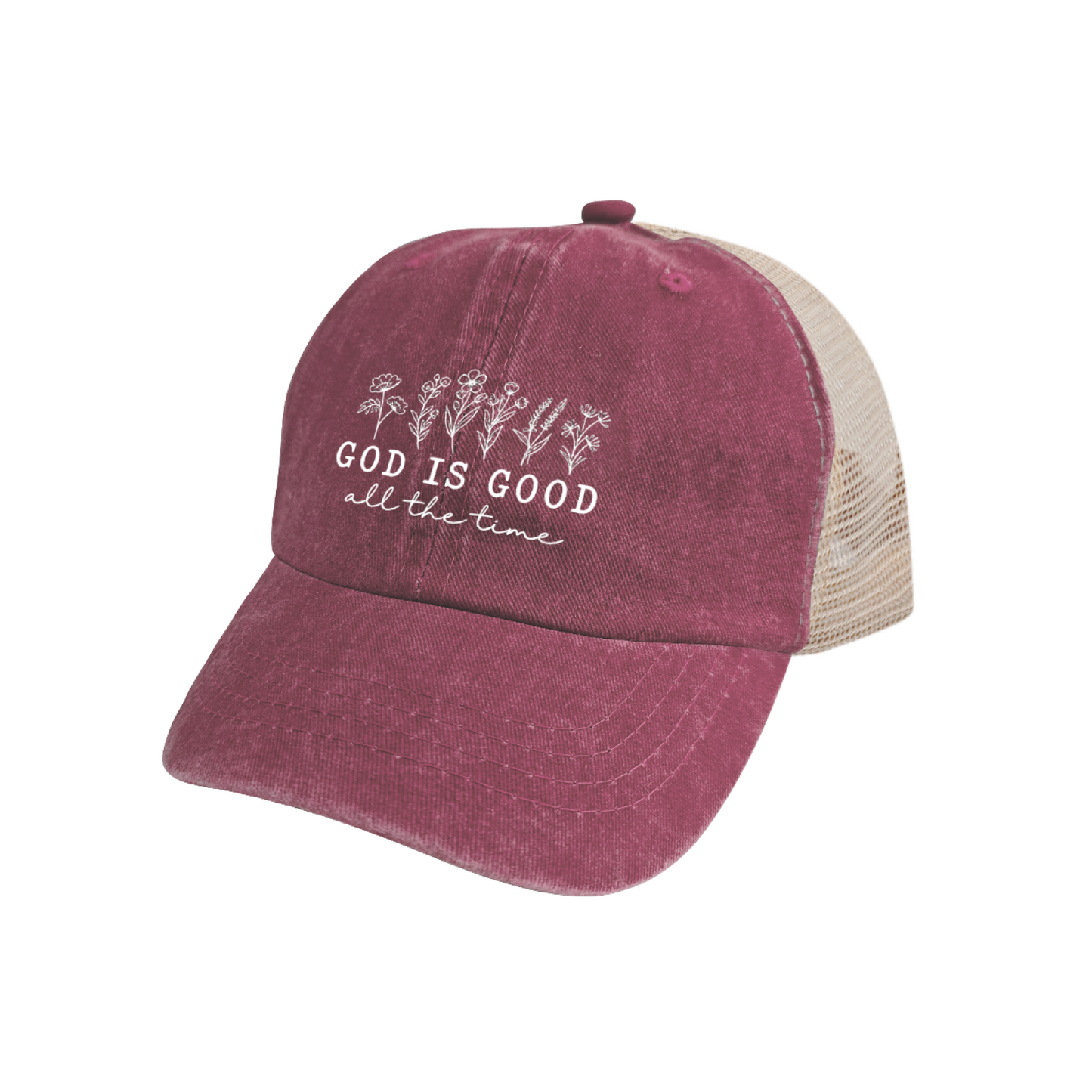 God Is Good All The Time Wildflower Maroon Washed Trucker Hat Faith Daily Mesh Cap