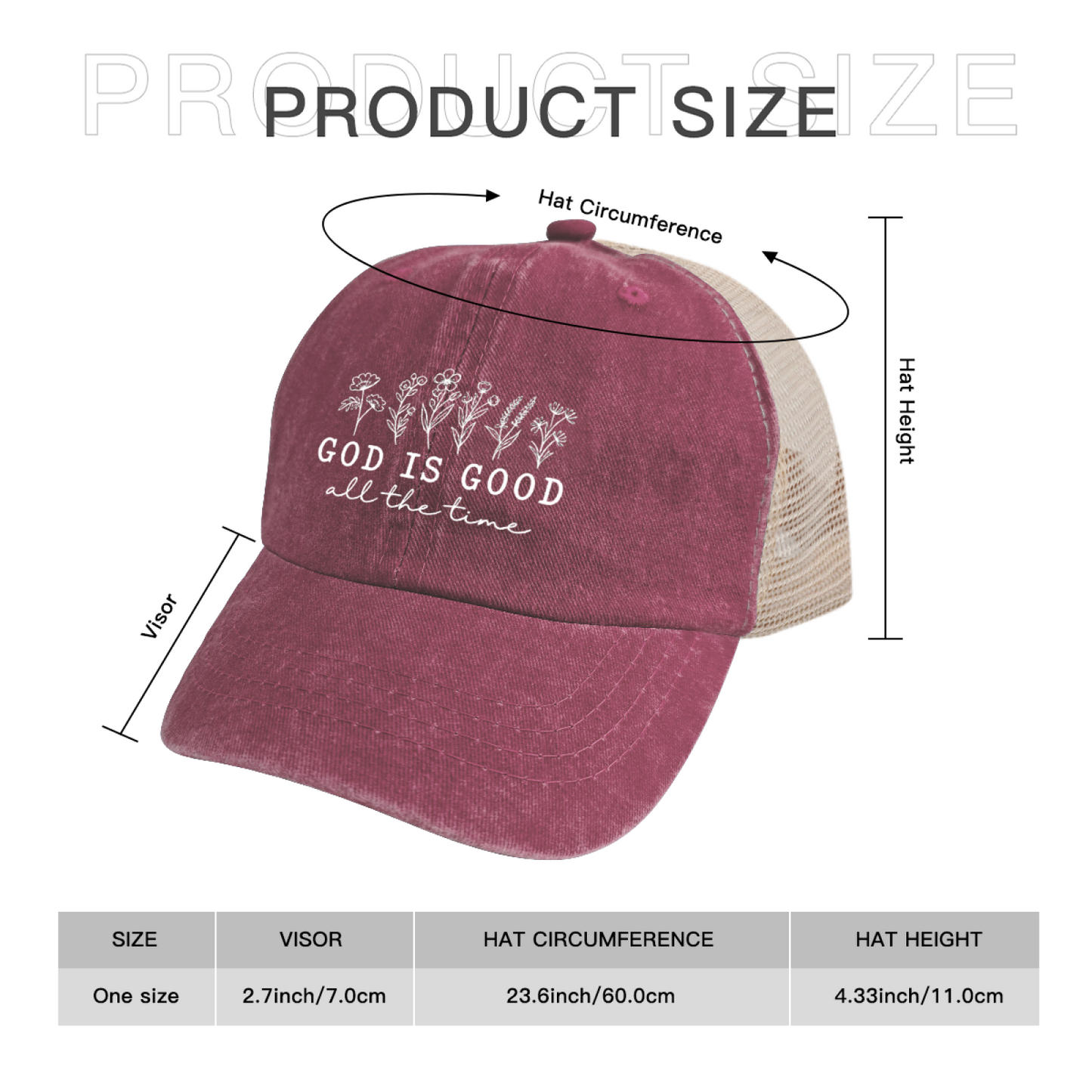 God Is Good All The Time Wildflower Maroon Washed Trucker Hat Faith Daily Mesh Cap