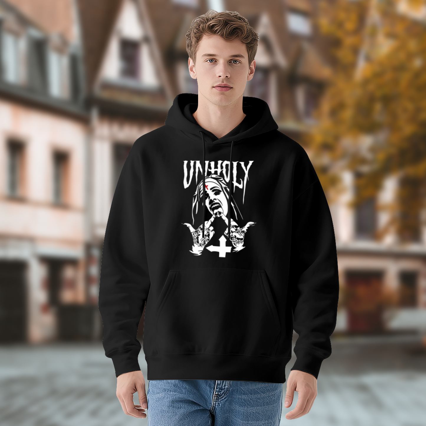 Unholy Dark Nun Gothic Metal Hoodie, Edgy Cozy Street Style