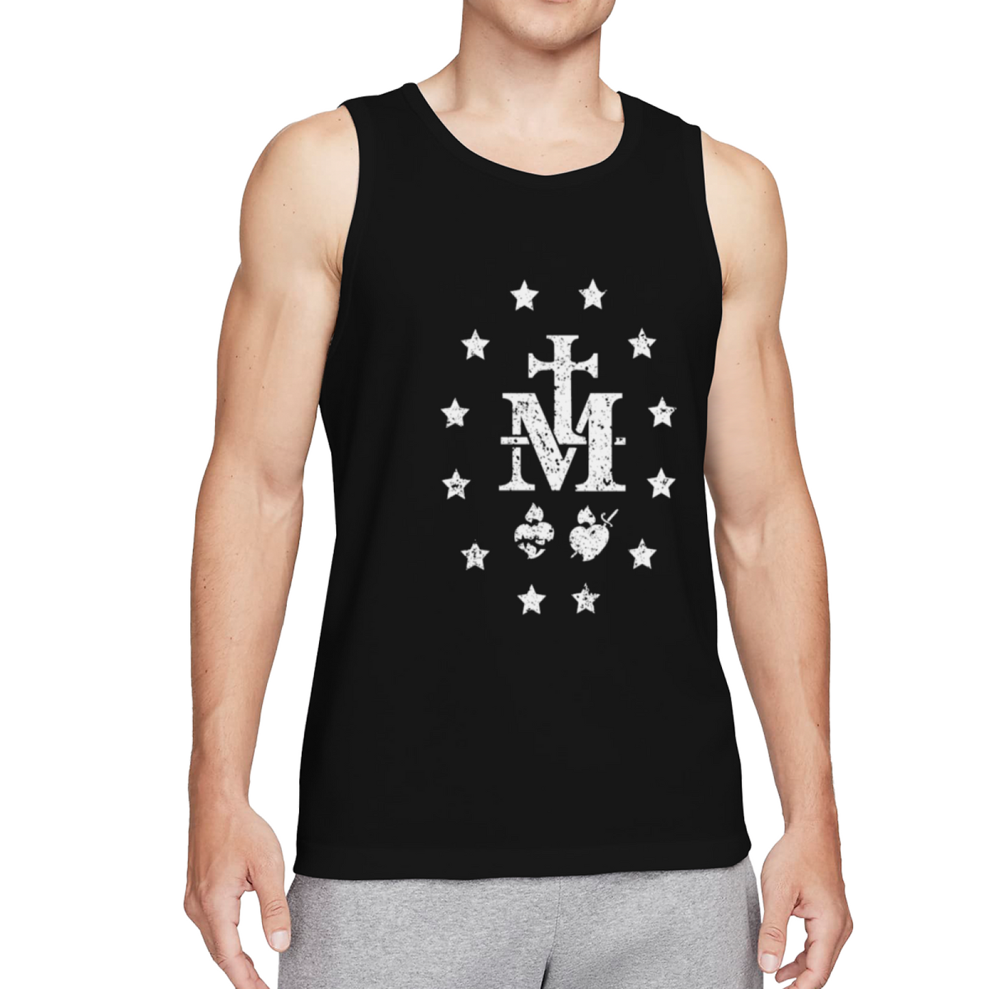 Vintage Marian Cross M Star Symbol Religious Style Men Tank