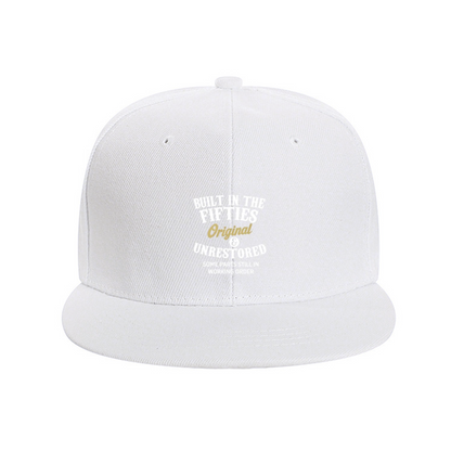 Built In The Fifties Vintage Letter Print Flat Brim Sun Hat, Retro Old School Hip Hop Cap
