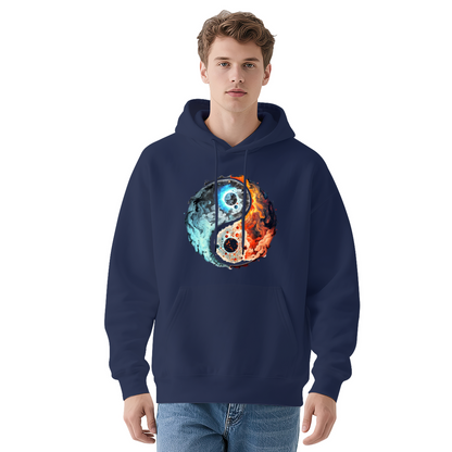 Fire & Ice Yin Yang Cosmic Art Black Hoodie, Unisex Mystical Comfort Streetwear