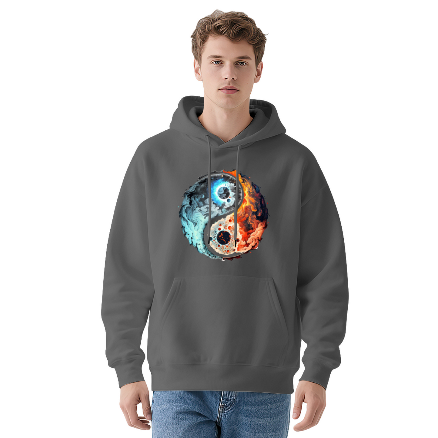 Fire & Ice Yin Yang Cosmic Art Black Hoodie, Unisex Mystical Comfort Streetwear