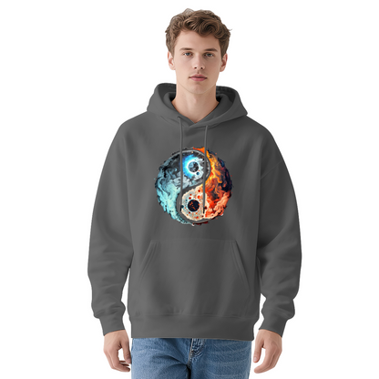 Fire & Ice Yin Yang Cosmic Art Black Hoodie, Unisex Mystical Comfort Streetwear