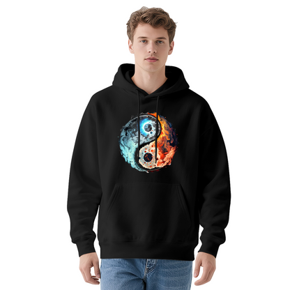 Fire & Ice Yin Yang Cosmic Art Black Hoodie, Unisex Mystical Comfort Streetwear