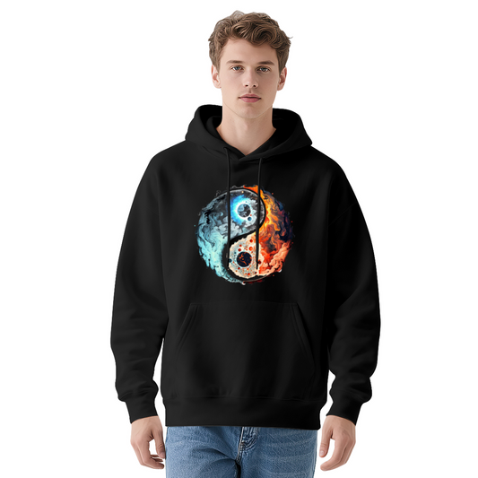Fire & Ice Yin Yang Cosmic Art Black Hoodie, Unisex Mystical Comfort Streetwear