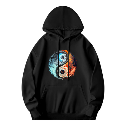Fire & Ice Yin Yang Cosmic Art Black Hoodie, Unisex Mystical Comfort Streetwear