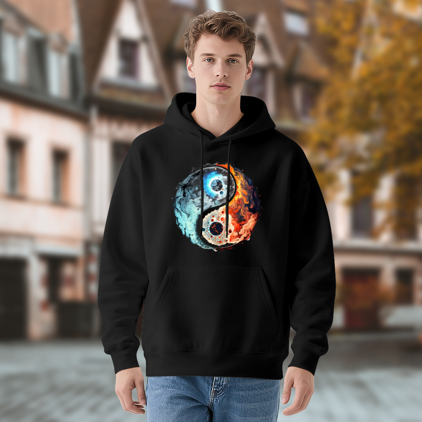 Fire & Ice Yin Yang Cosmic Art Black Hoodie, Unisex Mystical Comfort Streetwear