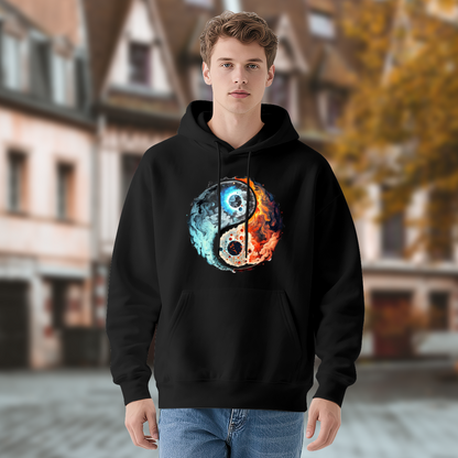Fire & Ice Yin Yang Cosmic Art Black Hoodie, Unisex Mystical Comfort Streetwear