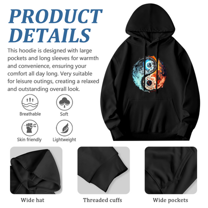 Fire & Ice Yin Yang Cosmic Art Black Hoodie, Unisex Mystical Comfort Streetwear