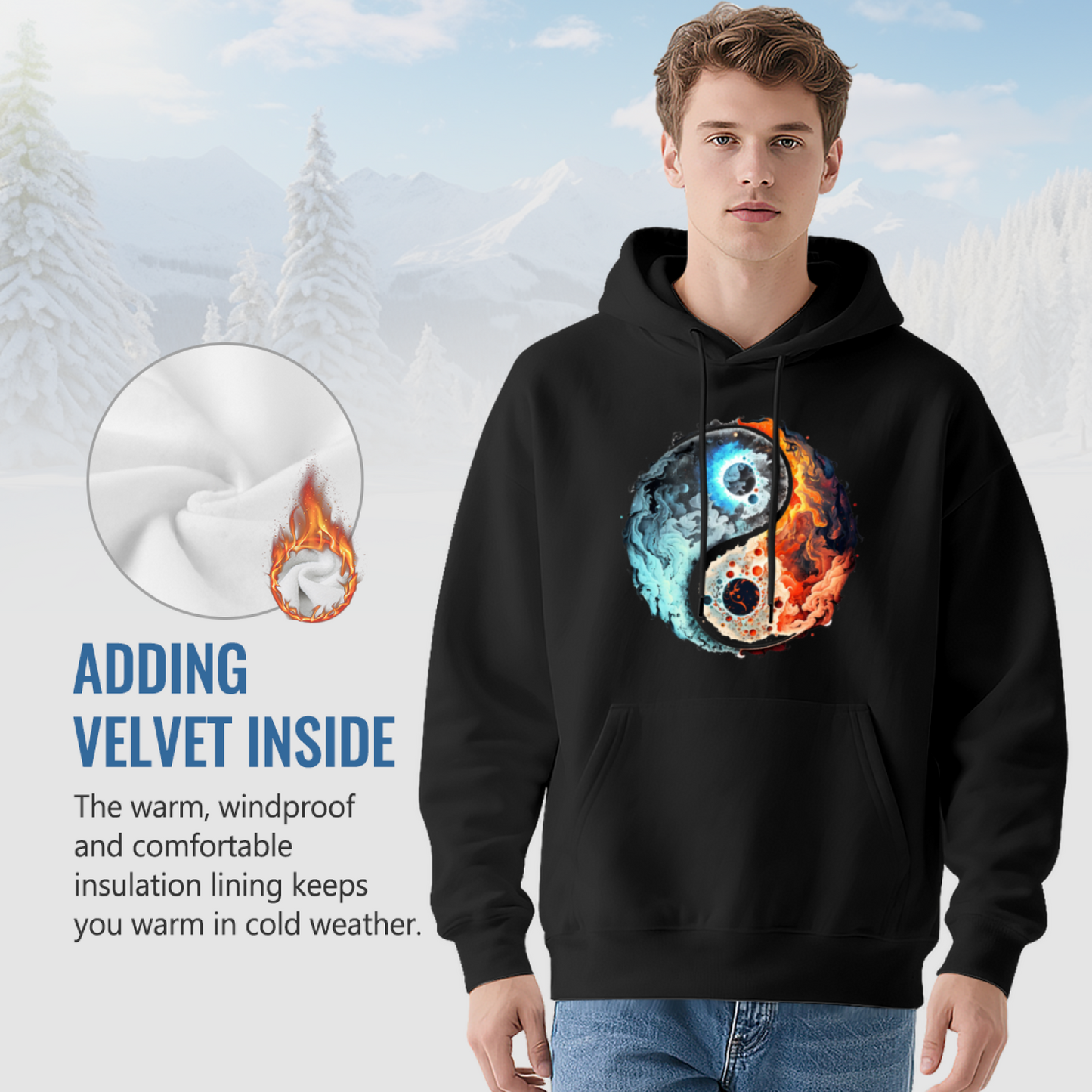 Fire & Ice Yin Yang Cosmic Art Black Hoodie, Unisex Mystical Comfort Streetwear