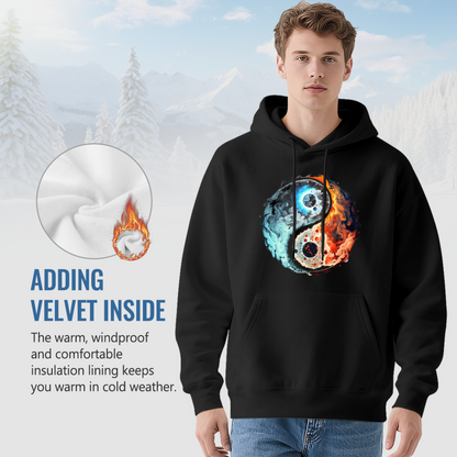 Fire & Ice Yin Yang Cosmic Art Black Hoodie, Unisex Mystical Comfort Streetwear