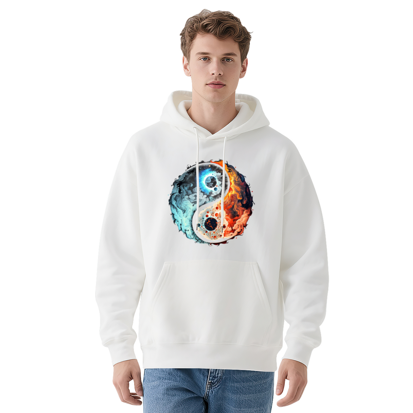 Fire & Ice Yin Yang Cosmic Art Black Hoodie, Unisex Mystical Comfort Streetwear