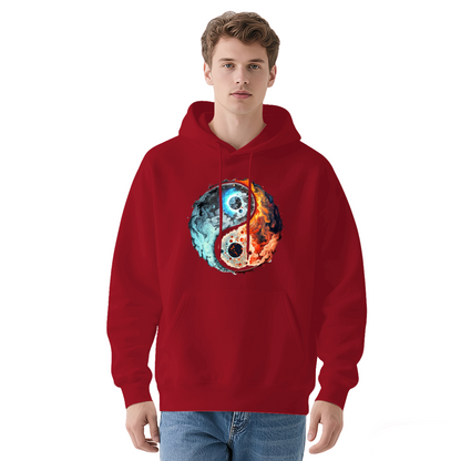Fire & Ice Yin Yang Cosmic Art Black Hoodie, Unisex Mystical Comfort Streetwear