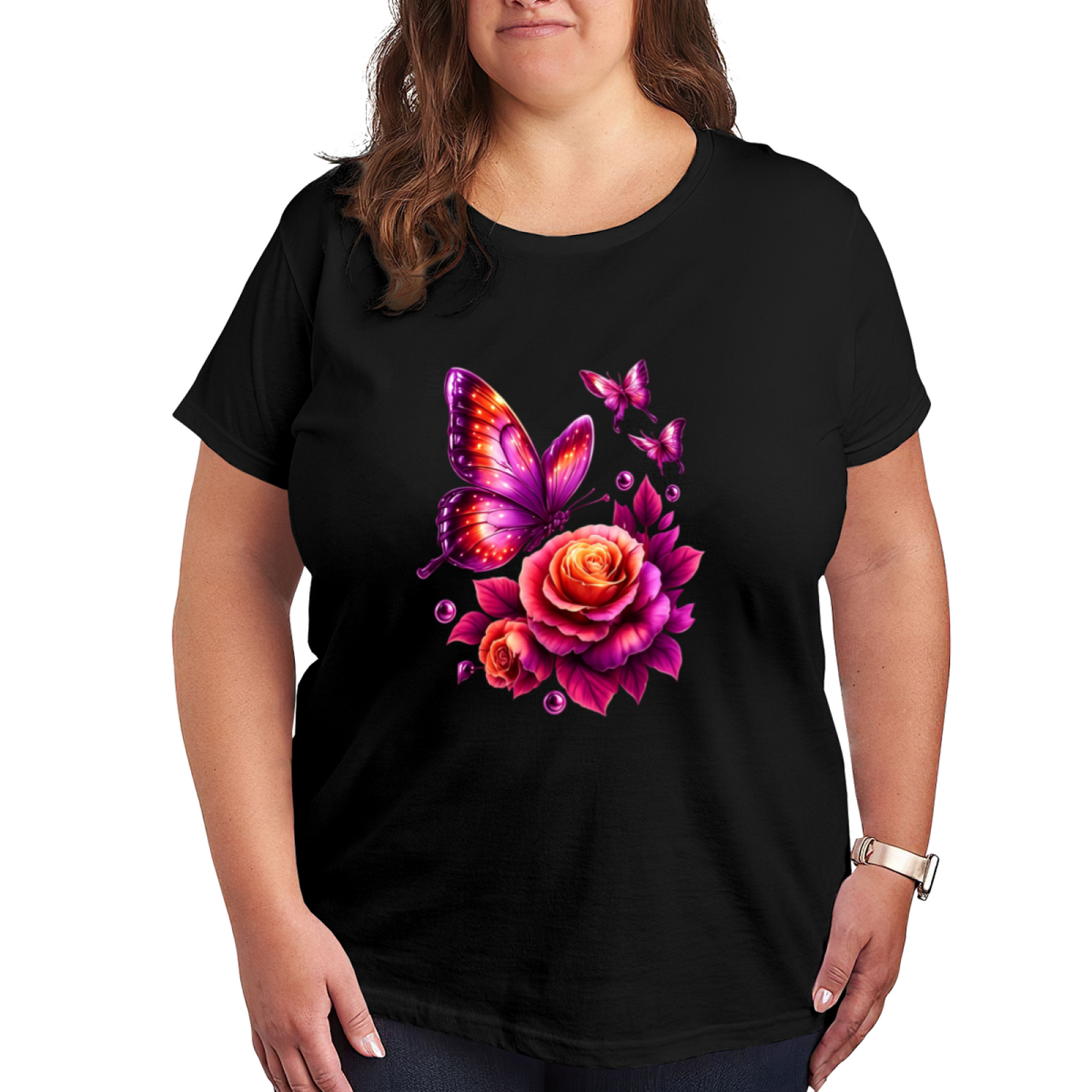 Shiny Neon Purple Butterfly & Glowing Rose Glam Print Plus Size Women¡¯s T-Shirt