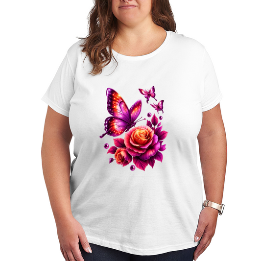 Shiny Neon Purple Butterfly & Glowing Rose Glam Print Plus Size Women¡¯s T-Shirt