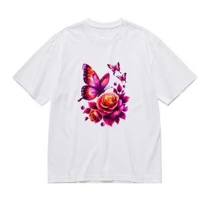 Shiny Neon Purple Butterfly & Glowing Rose Glam Print Plus Size Women¡¯s T-Shirt