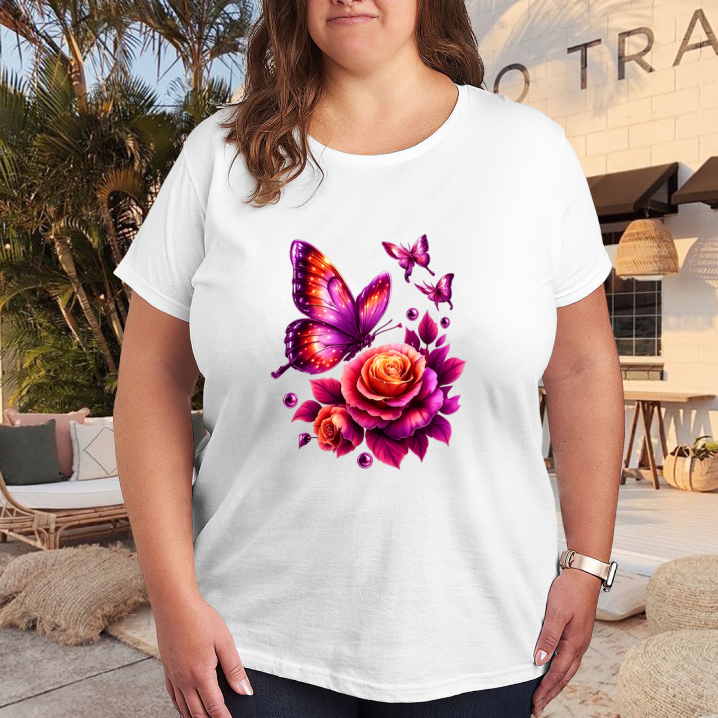 Shiny Neon Purple Butterfly & Glowing Rose Glam Print Plus Size Women¡¯s T-Shirt