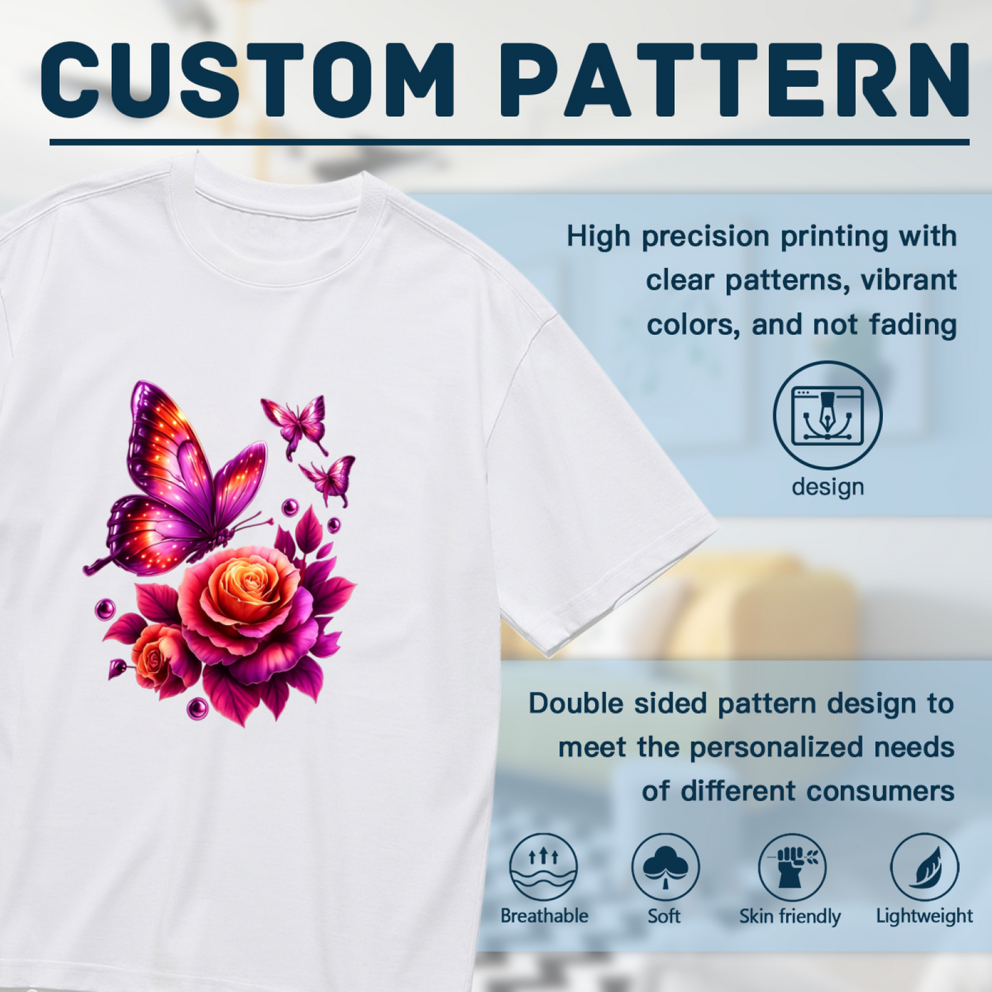 Shiny Neon Purple Butterfly & Glowing Rose Glam Print Plus Size Women¡¯s T-Shirt