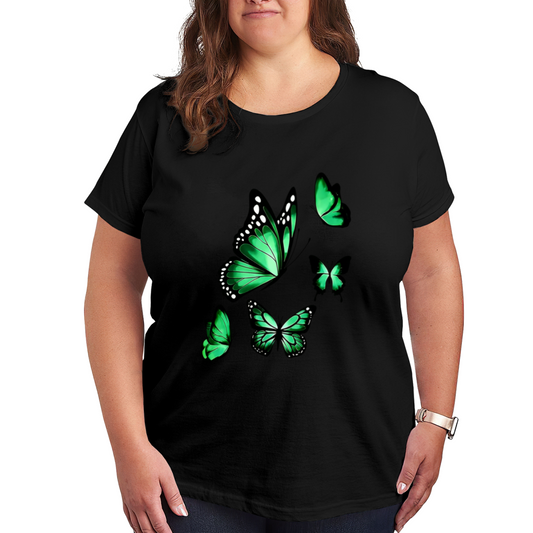 Vibrant Emerald Green Flying Butterflies Elegant Print Plus Size Women Printed T-Shirt