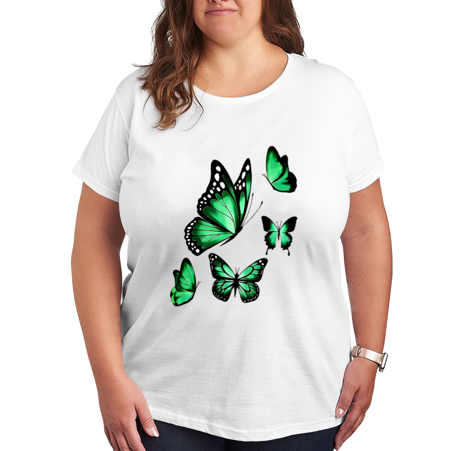 Vibrant Emerald Green Flying Butterflies Elegant Print Plus Size Women Printed T-Shirt