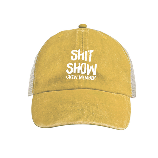 Shit Show Crew Member Funny Slogan Mustard Distressed Mesh Novelty Hat