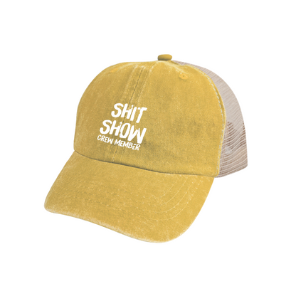 Shit Show Crew Member Funny Slogan Mustard Distressed Mesh Novelty Hat