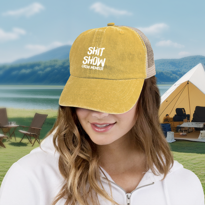 Shit Show Crew Member Funny Slogan Mustard Distressed Mesh Novelty Hat