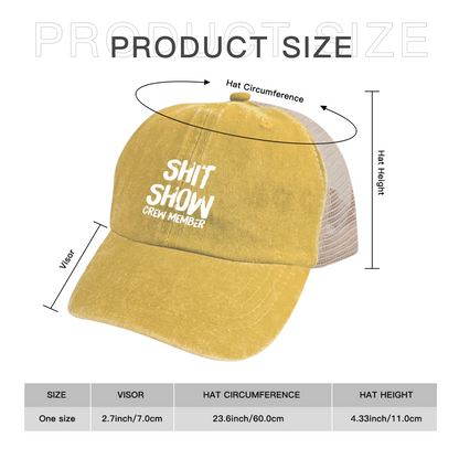 Shit Show Crew Member Funny Slogan Mustard Distressed Mesh Novelty Hat