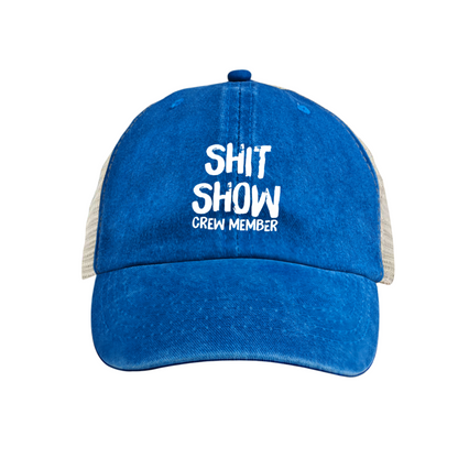 Shit Show Crew Member Funny Slogan Mustard Distressed Mesh Novelty Hat