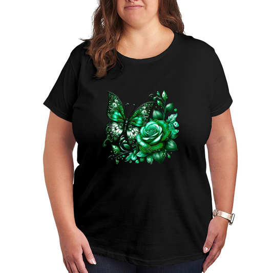 Dark Green Crystal Rose Butterfly Plus Size Ladies T-Shirt
