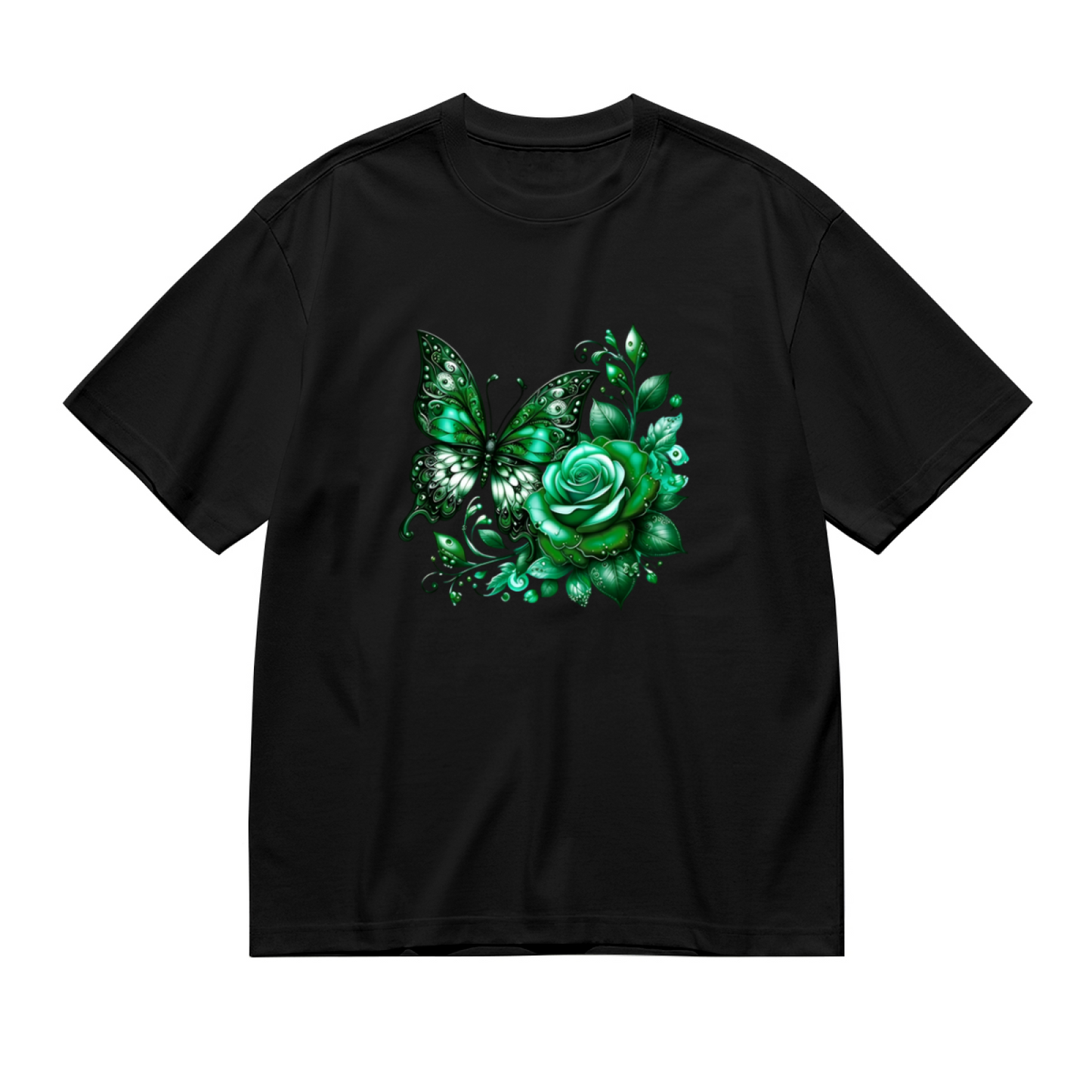 Dark Green Crystal Rose Butterfly Plus Size Ladies T-Shirt