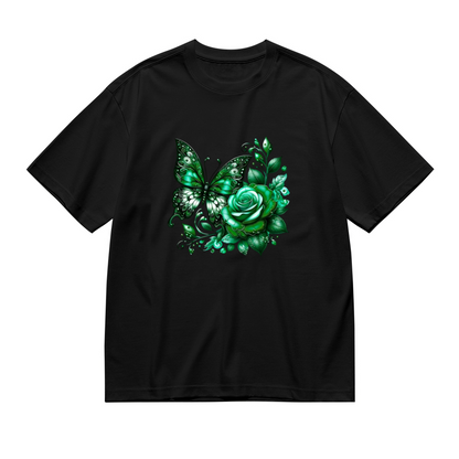 Dark Green Crystal Rose Butterfly Plus Size Ladies T-Shirt