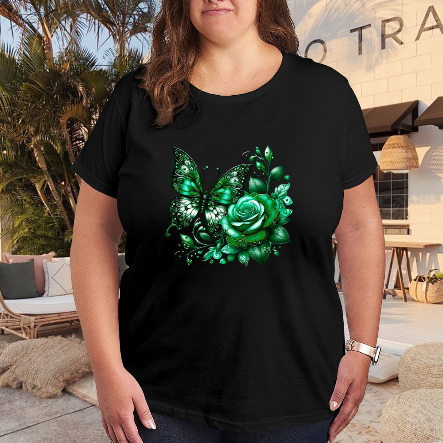 Dark Green Crystal Rose Butterfly Plus Size Ladies T-Shirt