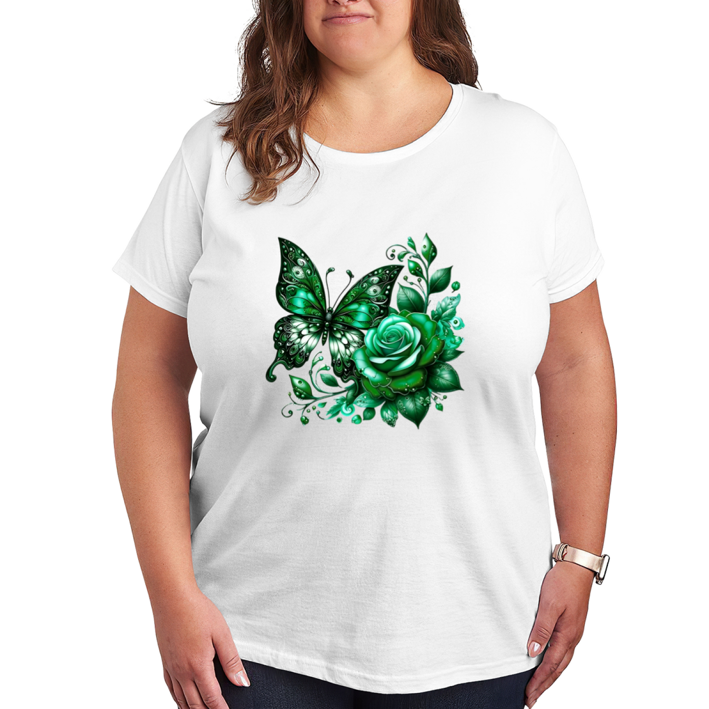 Dark Green Crystal Rose Butterfly Plus Size Ladies T-Shirt