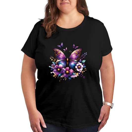 Luxurious Purple Floral Golden Butterfly Elegant Plus Size Women¡¯s Printed T-Shirt