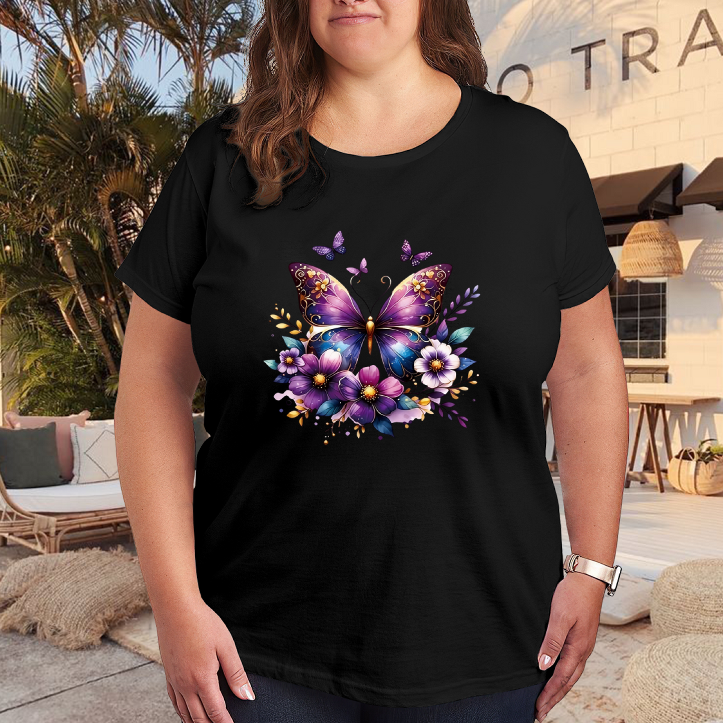 Luxurious Purple Floral Golden Butterfly Elegant Plus Size Women¡¯s Printed T-Shirt