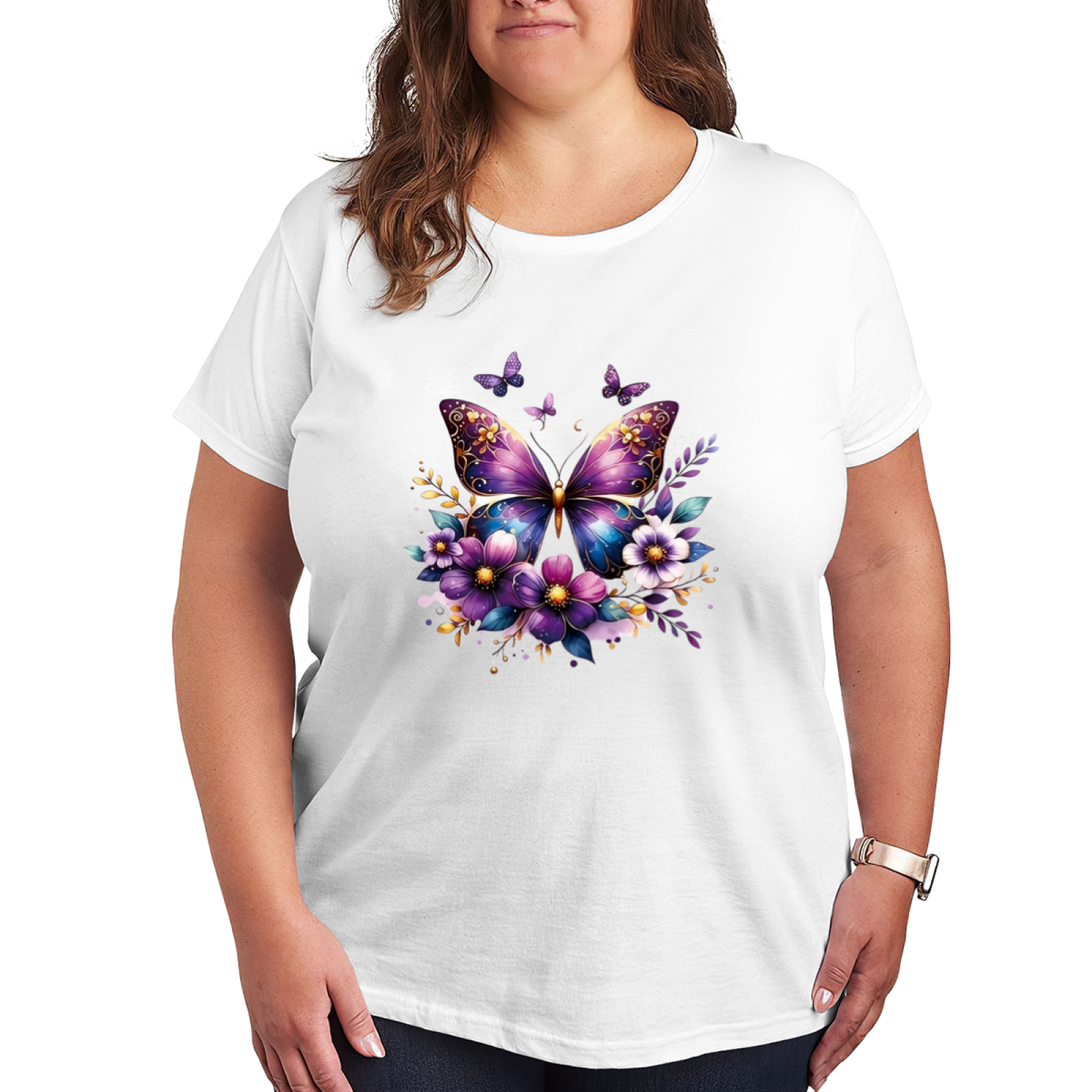Luxurious Purple Floral Golden Butterfly Elegant Plus Size Women¡¯s Printed T-Shirt
