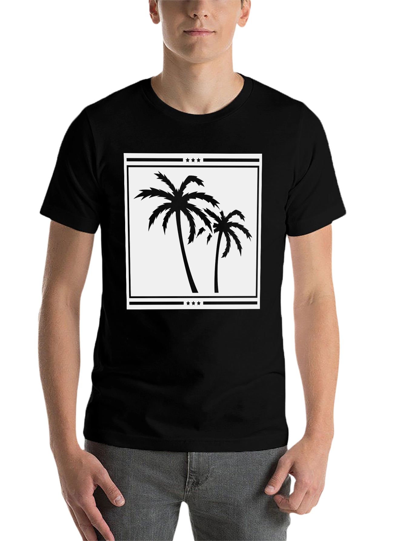 Palm Tree Graphic Tee - Black Cotton Casual Shirt