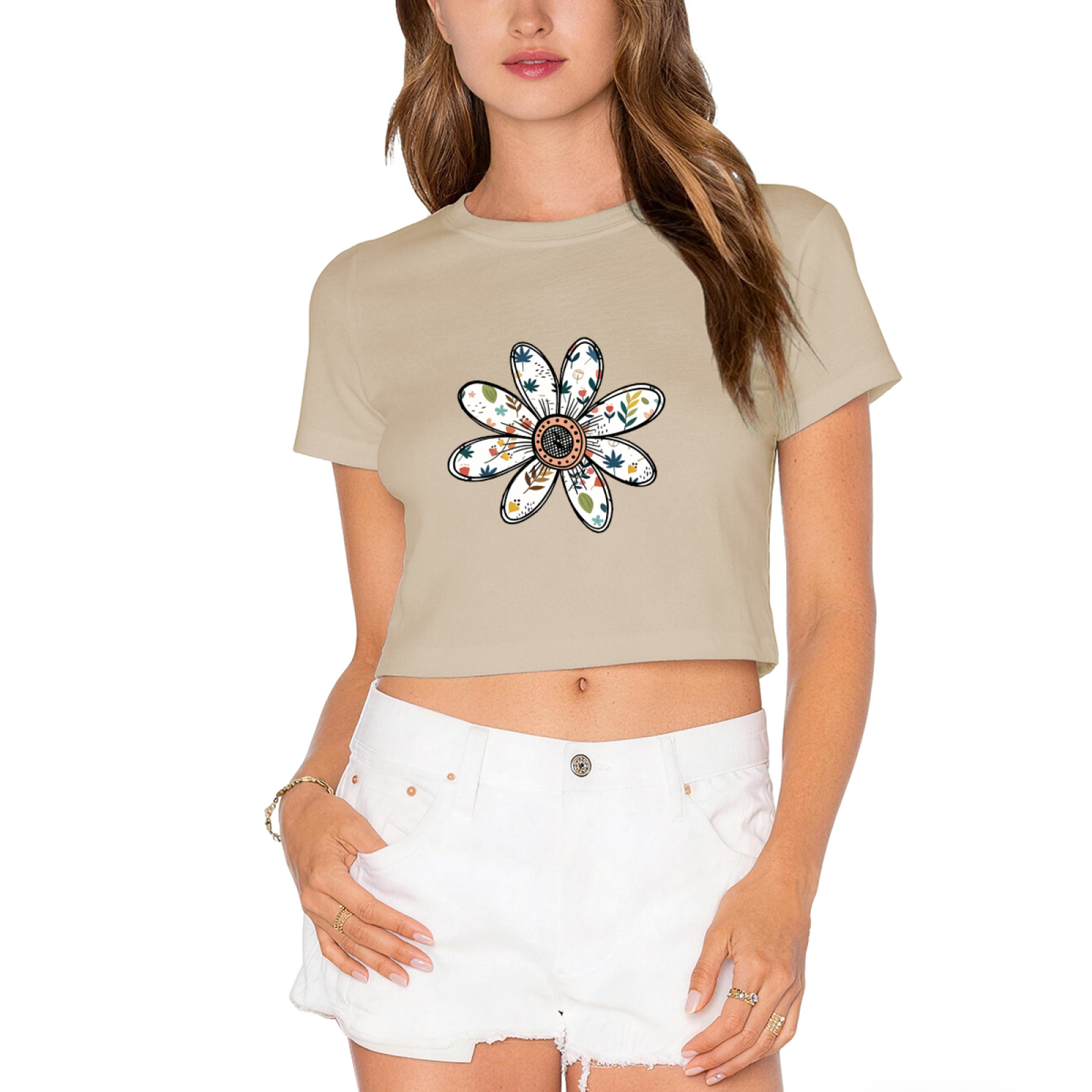 Hand-Drawn Boho Floral Daisy Soft Grey Crop Top