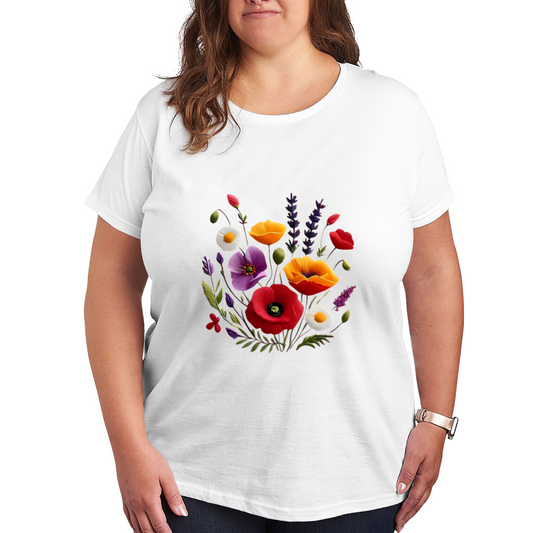 Colorful Mixed Wild Poppy Floral Bouquet Plus Size Ladies White Casual T-Shirt