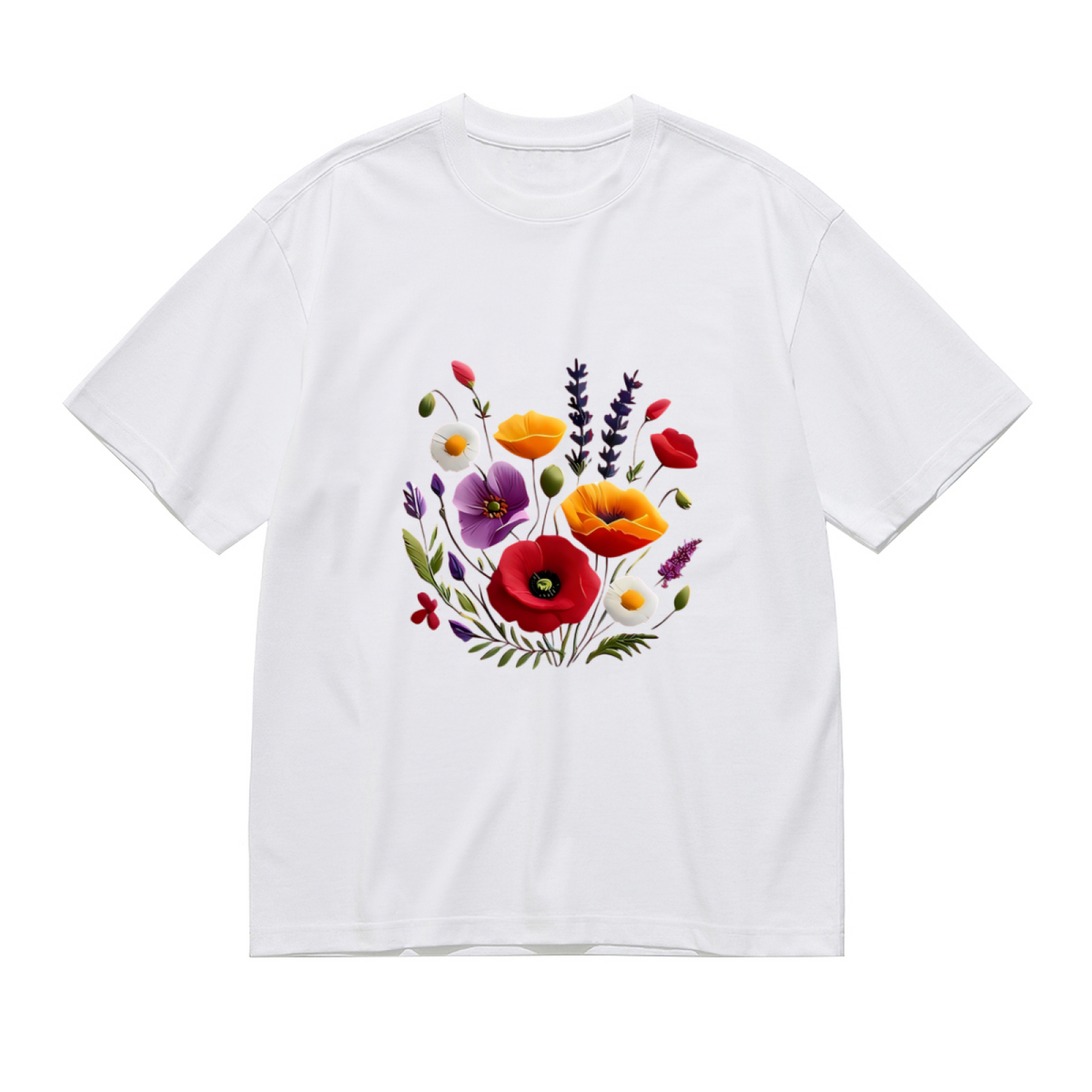 Colorful Mixed Wild Poppy Floral Bouquet Plus Size Ladies White Casual T-Shirt