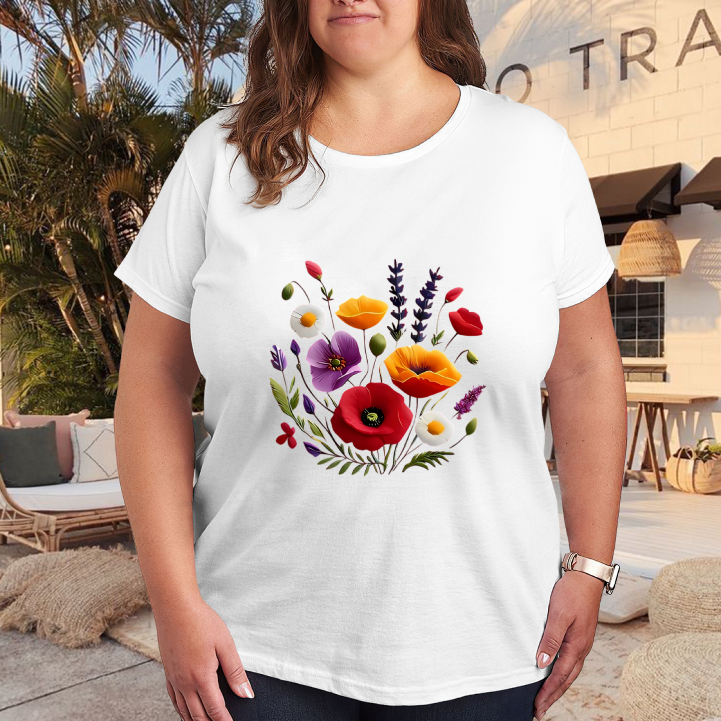 Colorful Mixed Wild Poppy Floral Bouquet Plus Size Ladies White Casual T-Shirt