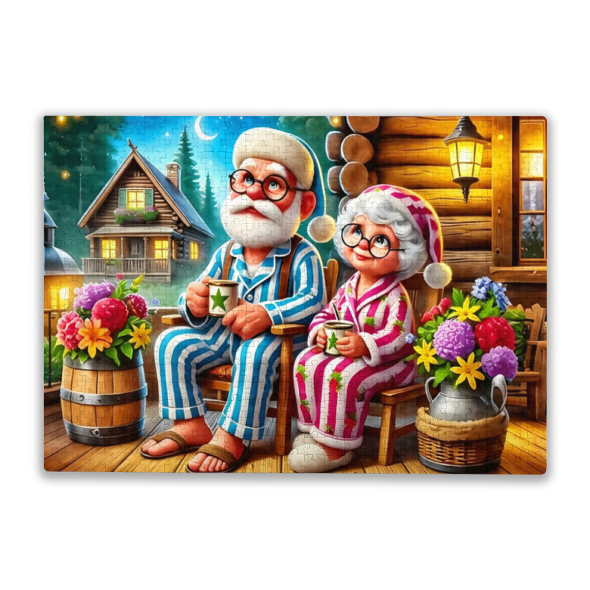 Grandparents in Cozy PJs ¨C Log Cabin Starry Night Warm Puzzle