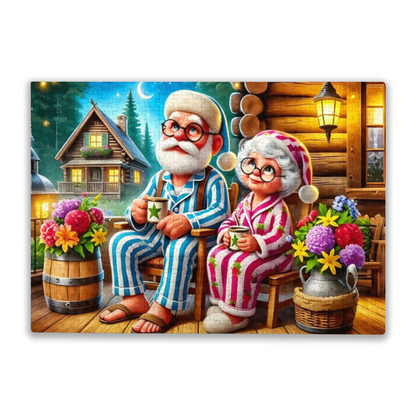 Grandparents in Cozy PJs ¨C Log Cabin Starry Night Warm Puzzle